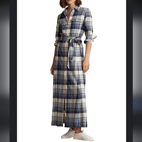 Polo Ralph Lauren Plaid Cotton Twill Shirtdress Maxi Dress 0 Blue White - Picture 2 of 12